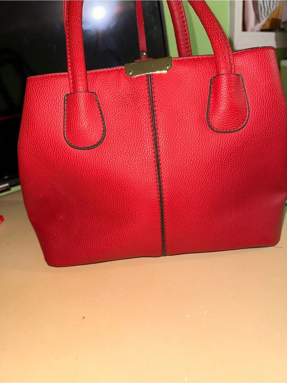 Red Pebbled Satchel with Gold Hardware